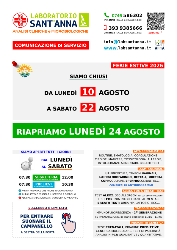 LABORATORIO SANT'ANNA RIETI - FERIE ESTIVE 2025